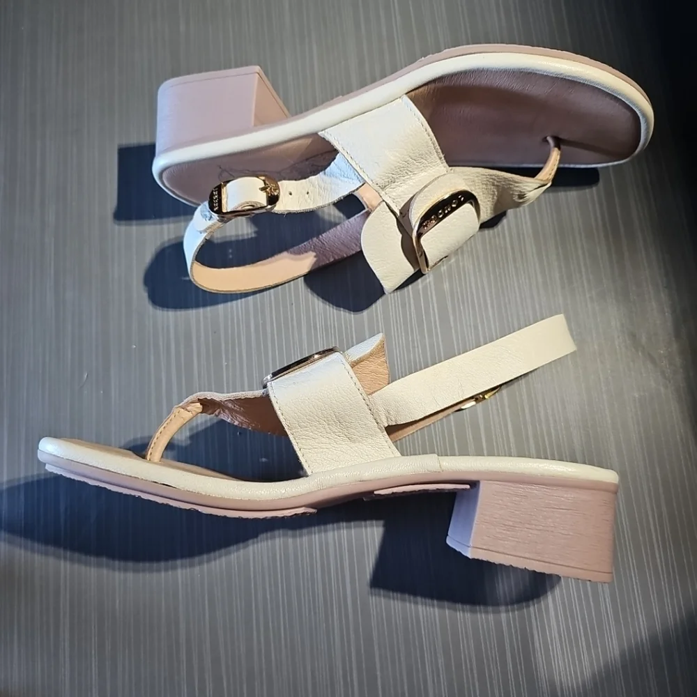 Fly London Beige Emat Leather Buckle Gladiator Mule Sandals Size 38 US 7/7.5 EUC